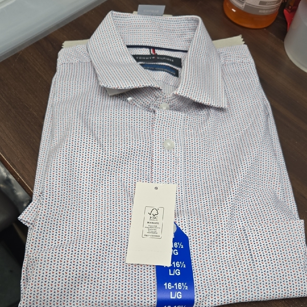 Tommy Hilfiger Size L White Blue Red All-Season Stretch Regular Fit Dress Shirt